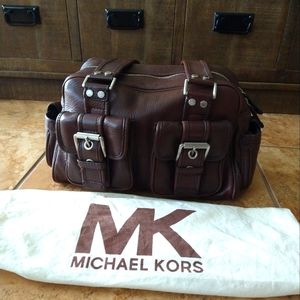 MICHAEL KORS Vintage Brown Leather Handbag Satchel Buckles Pockets Purse Handbag